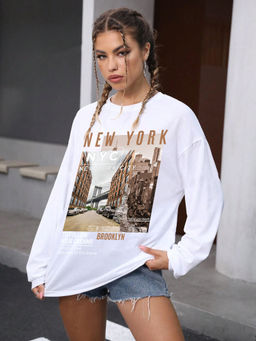 CHKOKKO - Women Oversized Round Neck Graphic Printed White Full Sleeves T-Shirt