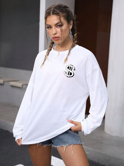CHKOKKO - Women Oversized Round Neck Graphic Printed White Full Sleeves T-Shirt