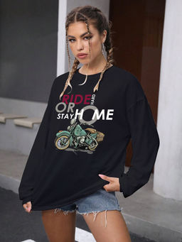 CHKOKKO - Women Oversized Round Neck Graphic Printed Black Full Sleeves T-Shirt