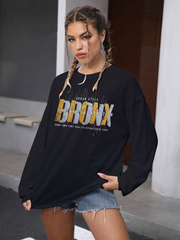 CHKOKKO - Women Oversized Round Neck Graphic Printed Black Full Sleeves T-Shirt