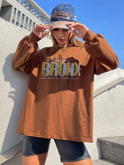 CHKOKKO - Women Oversized Round Neck Graphic Printed Brown Full Sleeves T-Shirt