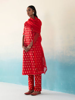 WeaverStory - Asher Red Silk Bootidar Kurta with Silk Pants and Organza Dupatta (Set of 3)