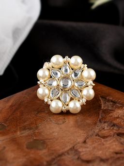 Shoshaa - Gold-Plated White Kundan Studded and Beaded Finger Ring