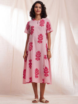 Pink Fort - Cotton Ikat Gathered Dress - Pink