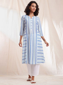 Pink Fort - Cotton Stripe Straight Kurta - Blue