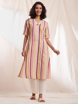 Pink Fort - Cotton Striped Relaxed Kurta - Mustard & Pink