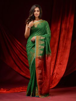 CHARUKRITI - Fern Green Cotton Woven Ethnic Motifs and Temple Borders Saree with Unstitched Blouse