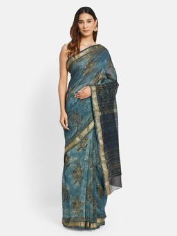 Fabindia - Blue Cotton Silk Dabu Chota Butta Saree without Blouse