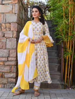 Anastay Clothing - White & Yellow Bell Sleeves Anarkali (Set of 3)