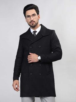 HONNETE - Black Solid Casual Longline Pea Coat