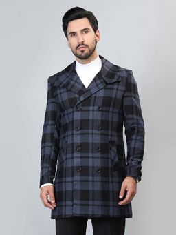 HONNETE - Blue Check Solid Casual Longline Pea Coat