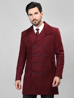 HONNETE - Maroon Solid Casual Longline Pea Coat
