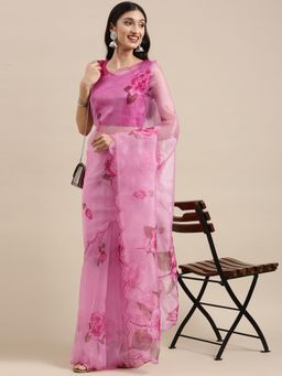 Vastranand - Pink Organza Party Wear Saree With Aari Work Butta with Unstitched Blouse