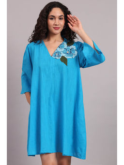 The Saffron Saga - Breezy Bloom Blue Embroidered Cotton Dress