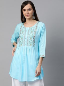 Readiprint - A-Line Style Rayon Fabric Blue Colour Kurti