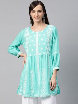 Readiprint - Frock Style Rayon Embroidered Fabric Turquoise Blue Colour Kurti
