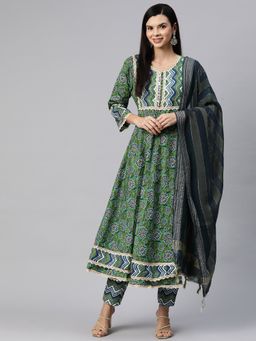 Readiprint - Cotton Fabric Green Colour Anarkali Kurta with Pant & Dupatta (Set of 3)