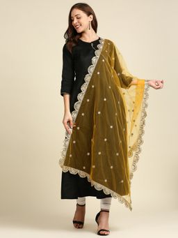 Dupatta Bazaar - Womens Yellow Embroidered Net Dupatta with Scallops