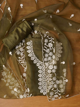 Jaipur Kurti - Floral Olive Embroidered Unstitched Kurta and Unstitched Bottom with Dupatta (Set of 3)