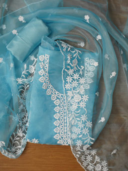 Jaipur Kurti - Floral Blue Embroidered Unstitched Kurta and Unstitched Bottom with Dupatta (Set of 3)