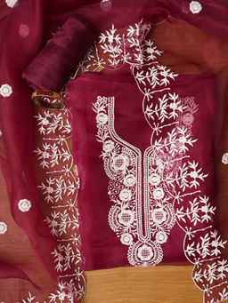 Jaipur Kurti - Magenta Embroidered Unstitched Kurta and Unstitched Bottom with Dupatta (Set of 3)