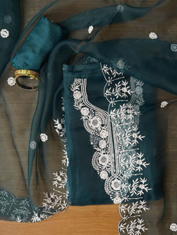 Jaipur Kurti - Teal Thread Embroidered Unstitched Kurta and Unstitched Bottom with Dupatta (Set of 3)