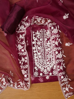 Jaipur Kurti - Magenta Embroidered Unstitched Kurta and Unstitched Bottom with Dupatta (Set of 3)