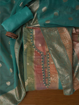 Jaipur Kurti - Green Zari Embellished Unstitched Kurta and Unstitched Bottom with Dupatta (Set of 3)