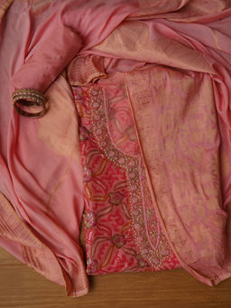 Jaipur Kurti - Pink Embellished Printed Unstitched Kurta and Unstitched Bottom with Dupatta (Set of 3)