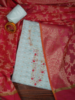 Jaipur Kurti - Blue Embellished Unstitched Kurta and Unstitched Bottom with Dupatta (Set of 3)