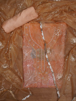 Jaipur Kurti - Floral Orange Unstitched Kurta and Unstitched Bottom with Dupatta (Set of 3)