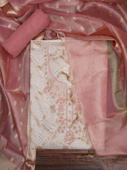 Jaipur Kurti - Zari Cotton Blend Pink Unstitched Kurta and Unstitched Bottom with Dupatta (Set of 3)