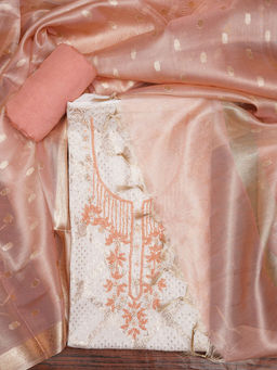 Jaipur Kurti - Zari Cotton Blend Peach Unstitched Kurta and Unstitched Bottom with Dupatta (Set of 3)