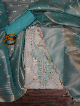 Jaipur Kurti - Zari Cotton Blend Blue Unstitched Kurta and Unstitched Bottom with Dupatta (Set of 3)