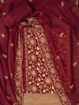 Jaipur Kurti - Maroon Embroidered Unstitched Kurta and Unstitched Bottom with Dupatta (Set of 3)
