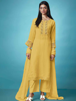 Ganga Fashions - Yellow Unstitched Kurta and Unstitched Bottom with Dupatta (Set of 3)