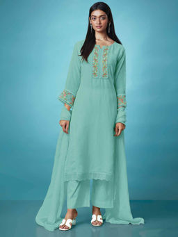 Ganga Fashions - Green Sold Embroidered Unstitched Kurta and Unstitched Bottom with Dupatta (Set of 3)