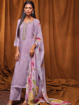 Ganga Fashions - Lavender Floral Unstitched Kurta and Unstitched Bottom with Dupatta (Set of 3)