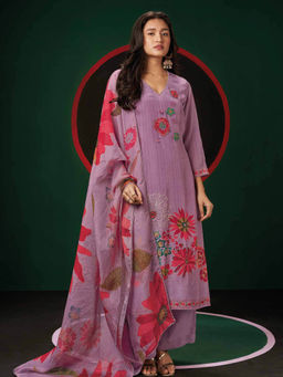 Ganga Fashions - Lavender Floral Unstitched Kurta and Unstitched Bottom with Dupatta (Set of 3)