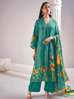 Ganga Fashions - Teal Bemberg Floral Unstitched Kurta and Unstitched Bottom with Dupatta (Set of 3)