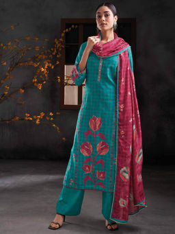 Ganga Fashions - Teal Bemberg Floral Unstitched Kurta and Unstitched Bottom with Dupatta (Set of 3)