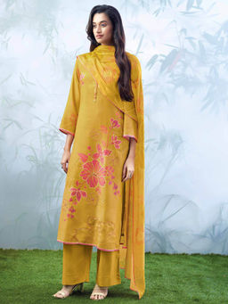 Ganga Fashions - Mustard Bemberg Floral Unstitched Kurta and Unstitched Bottom with Dupatta (Set of 3)