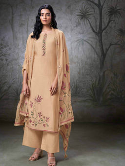 Ganga Fashions - Beige Bemberg Floral Unstitched Kurta and Unstitched Bottom with Dupatta (Set of 3)