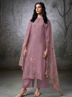 Ganga Fashions - Lavender Floral Unstitched Kurta and Unstitched Bottom with Dupatta (Set of 3)