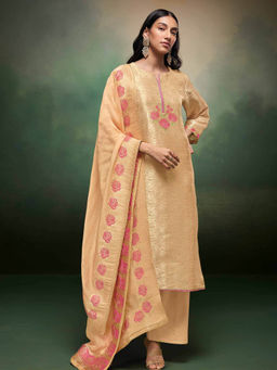 Ganga Fashions - Beige Organza Floral Unstitched Kurta and Unstitched Bottom with Dupatta (Set of 3)