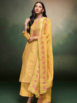 Ganga Fashions - Mustard Organza Floral Unstitched Kurta and Unstitched Bottom with Dupatta (Set of 3)