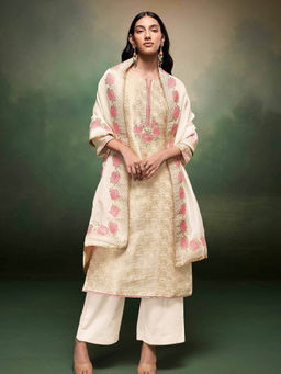 Ganga Fashions - Cream Organza Floral Unstitched Kurta and Unstitched Bottom with Dupatta (Set of 3)