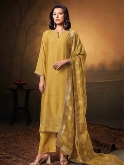 Ganga Fashions - Mustard Bemberg Silk Unstitched Kurta and Unstitched Bottom with Dupatta (Set of 3)