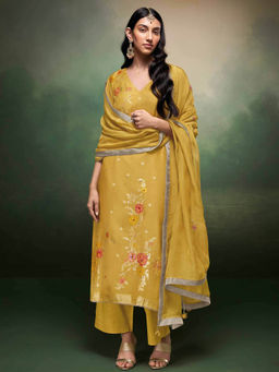 Ganga Fashions - Mustard Floral Unstitched Kurta and Unstitched Bottom with Dupatta (Set of 3)