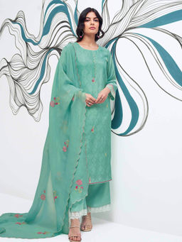 Ganga Fashions - Teal Embroidered Unstitched Kurta and Unstitched Bottom with Dupatta (Set of 3)